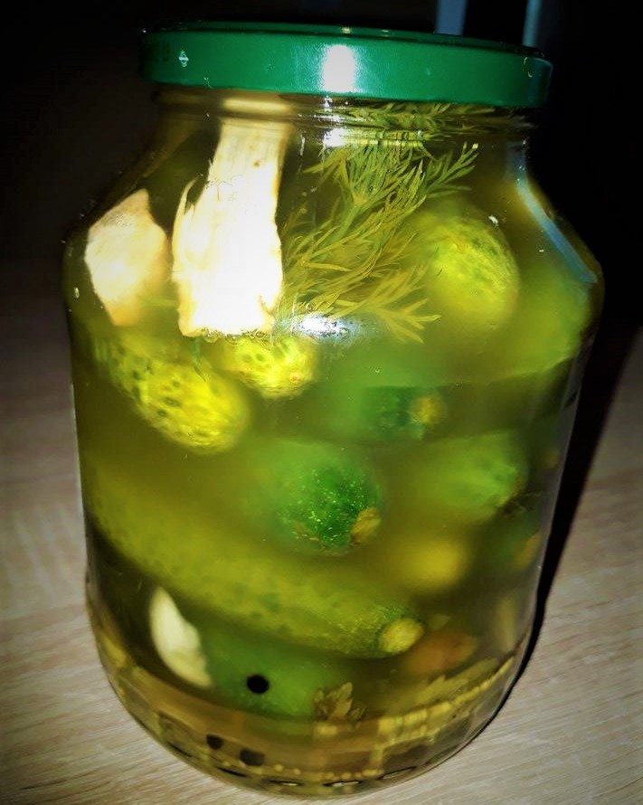 A jar filled with pickled cucumbers and garlic.