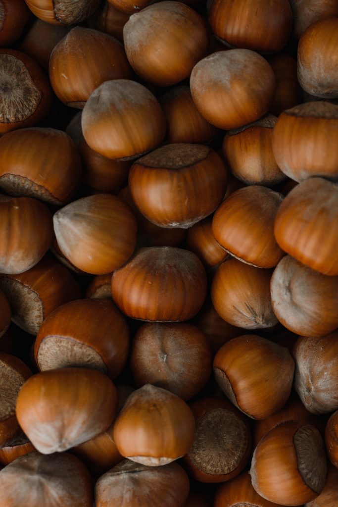 A pile of hazelnuts on a table.